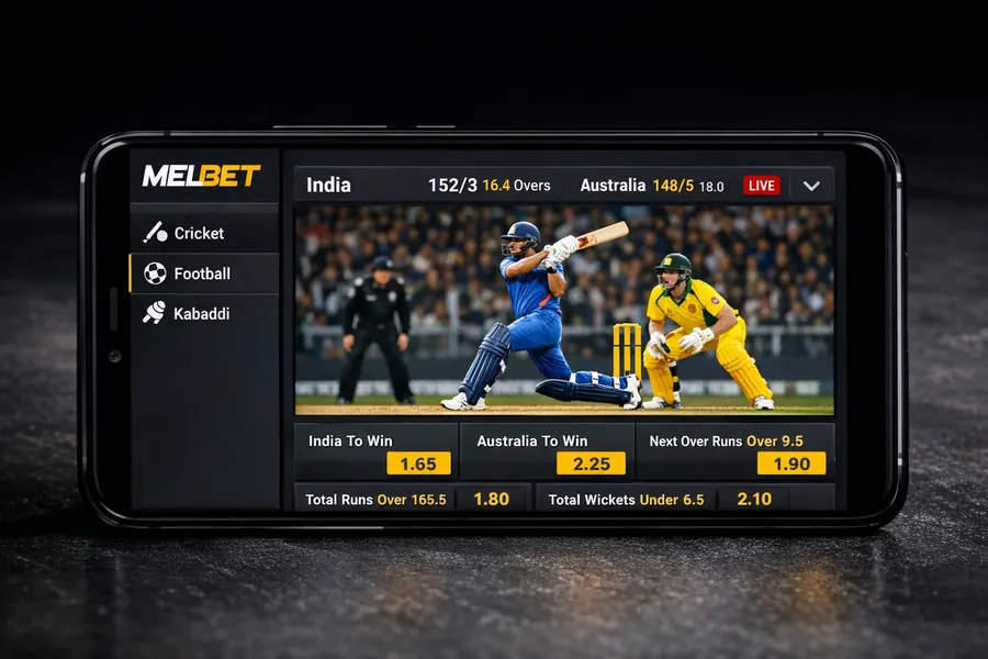 MelBet app features Nepal — cricket live betting interface with Football and Kabaddi menu