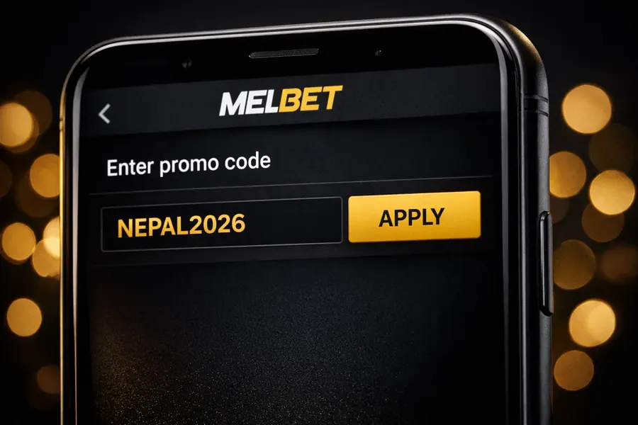 MelBet promo code Nepal 2026 — entering NEPAL2026 code in the app