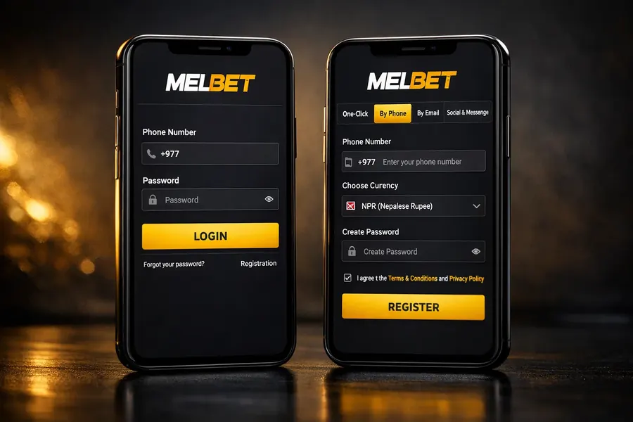 MelBet Nepal login and registration interface on smartphone